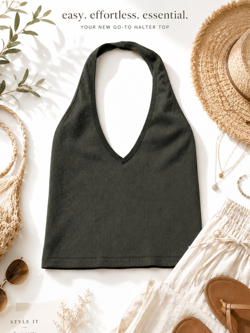 Olive Green Ribbed Halter Crop Top V-Neck Backless Summer Going Out Small